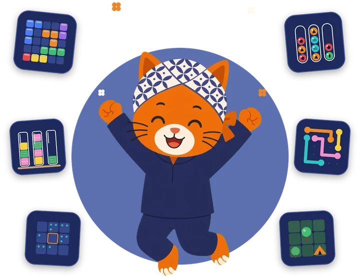 Cemong cheering, surrounded by mini game tiles from DenzaPlay Koleksi