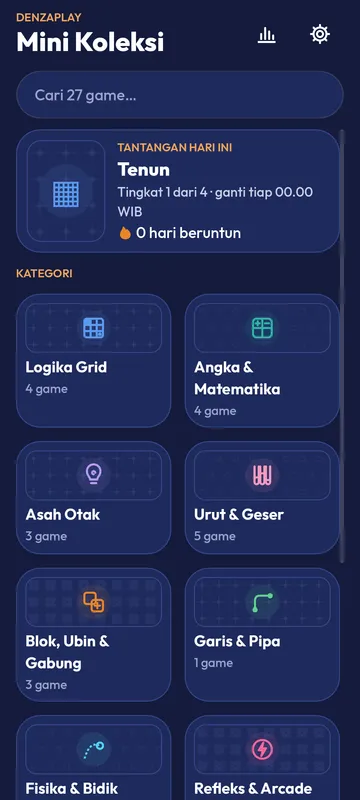 The DenzaPlay Koleksi app on a phone screen, showing a row of mini games ready to play